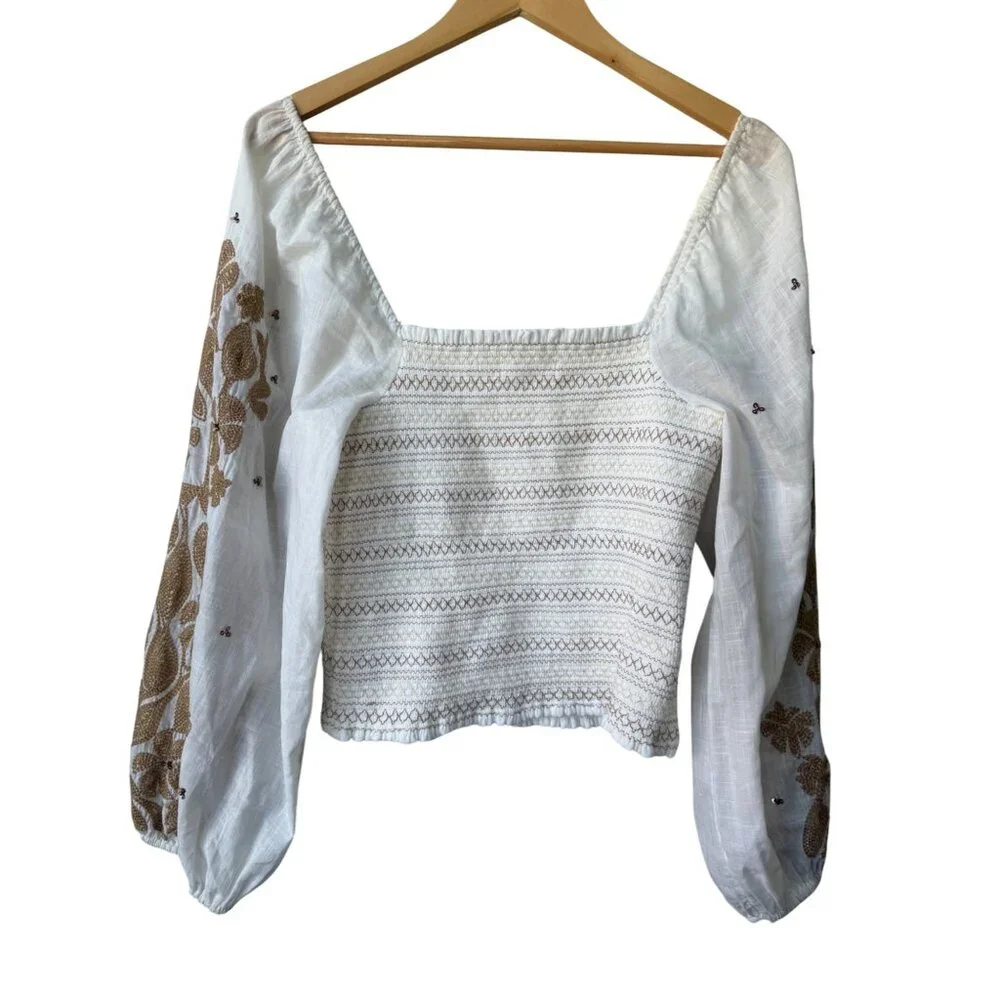 Embroidered Square-Neck White Top with Tan Floral Sleeves
